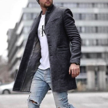 Autumn Winter New Fashion Men Solid Color Woolen Coat Keep Warm Pocket Lapel Long Sleeve Temperament Single Breasted